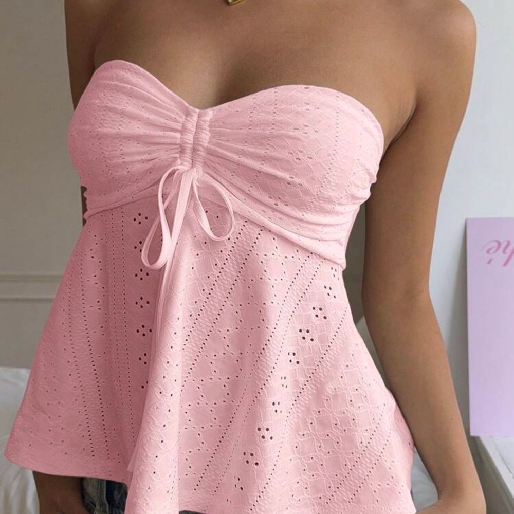 SHEIN Pink Strapless Eyelet Blouse